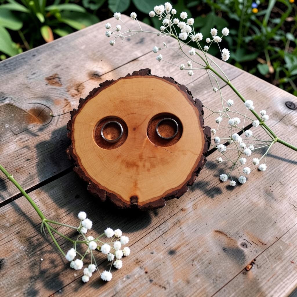 Das Bild zeigt ein Ringkissen zur Hochzeit mit individueller Wunschgravur. Es eignet sich hervorragend als Geschenk zur Hochzeit und Verlobung. Hintergrund KI-generiert.