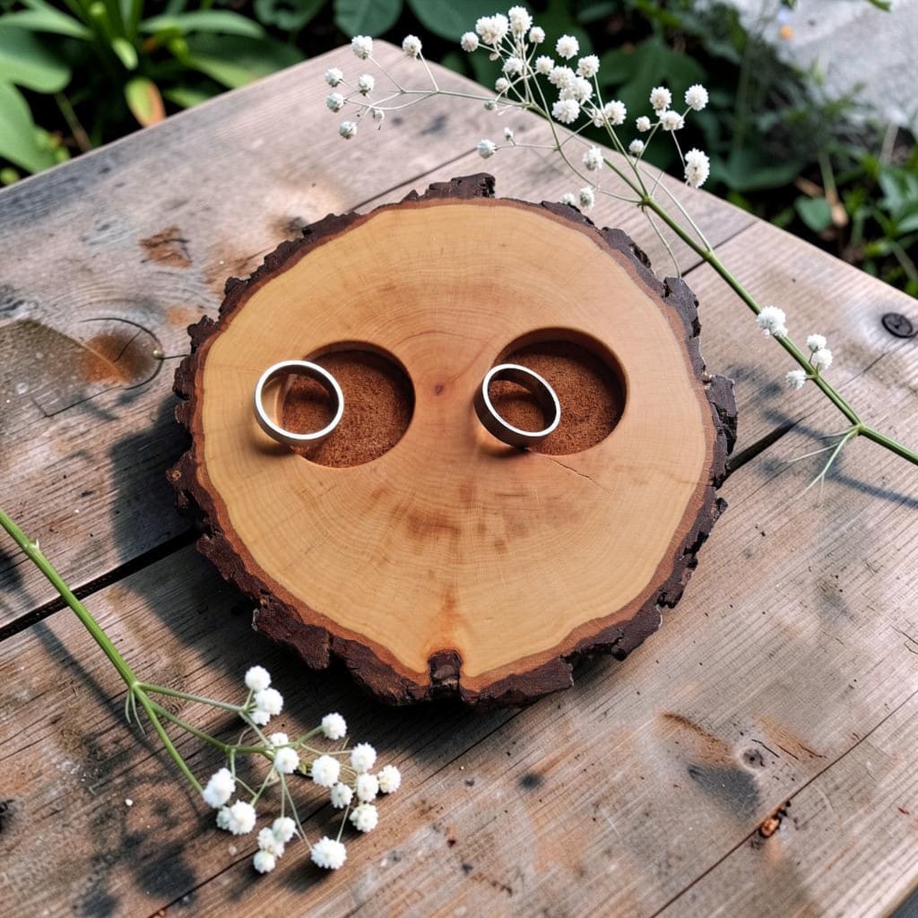 Das Bild zeigt ein Ringkissen zur Hochzeit mit individueller Wunschgravur. Es eignet sich hervorragend als Geschenk zur Hochzeit und Verlobung. Hintergrund KI-generiert.