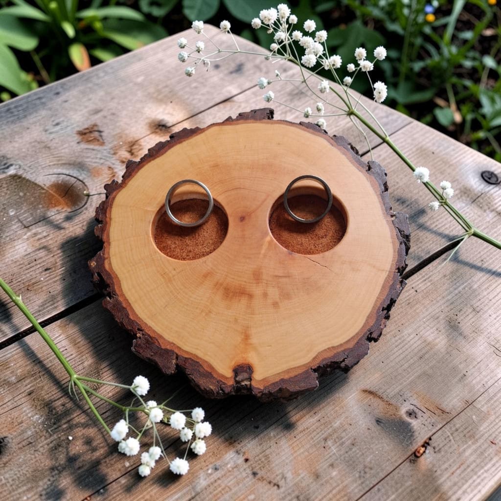 Das Bild zeigt ein Ringkissen zur Hochzeit mit individueller Wunschgravur. Es eignet sich hervorragend als Geschenk zur Hochzeit und Verlobung. Hintergrund KI-generiert.